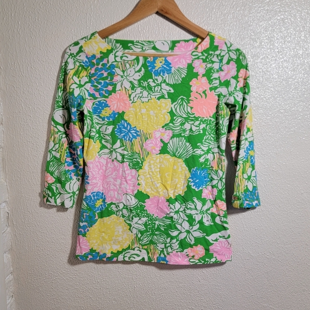 Lilly Pulitzer Juline Hibiscus Stroll Cotton Jersey sz XS Pink Green Chic Preppy